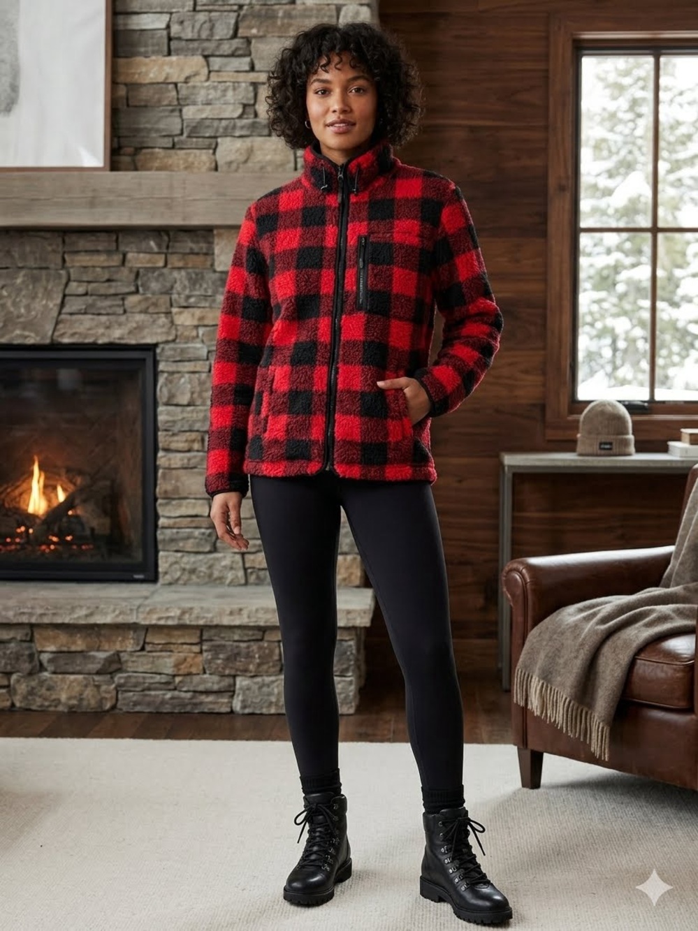 Bluenotes Red and Black Buffalo Plaid Teddy Jacket